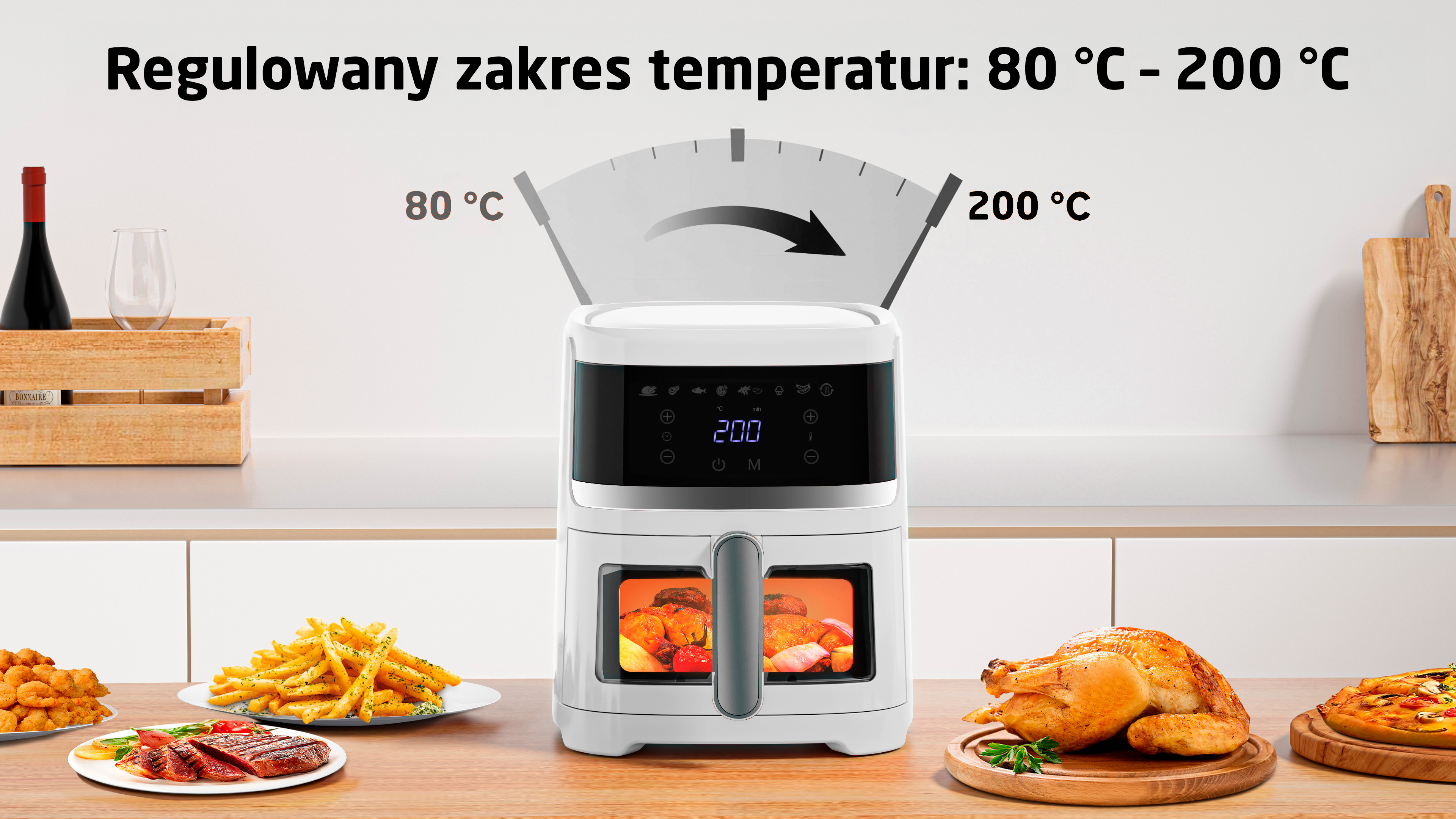 Biała frytkownica beztłuszczowa z jedzeniem, wyświetlacz temperatury 80-200°C.
