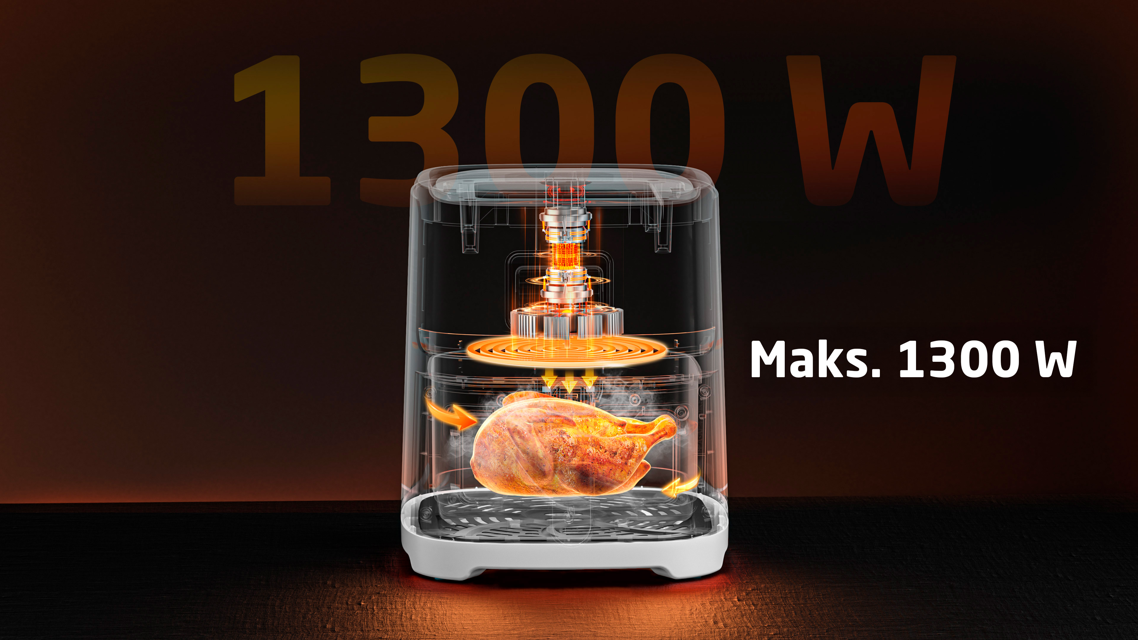 Kurczak piecze się w przezroczystym frytkownicy beztłuszczowej o mocy 1300W.