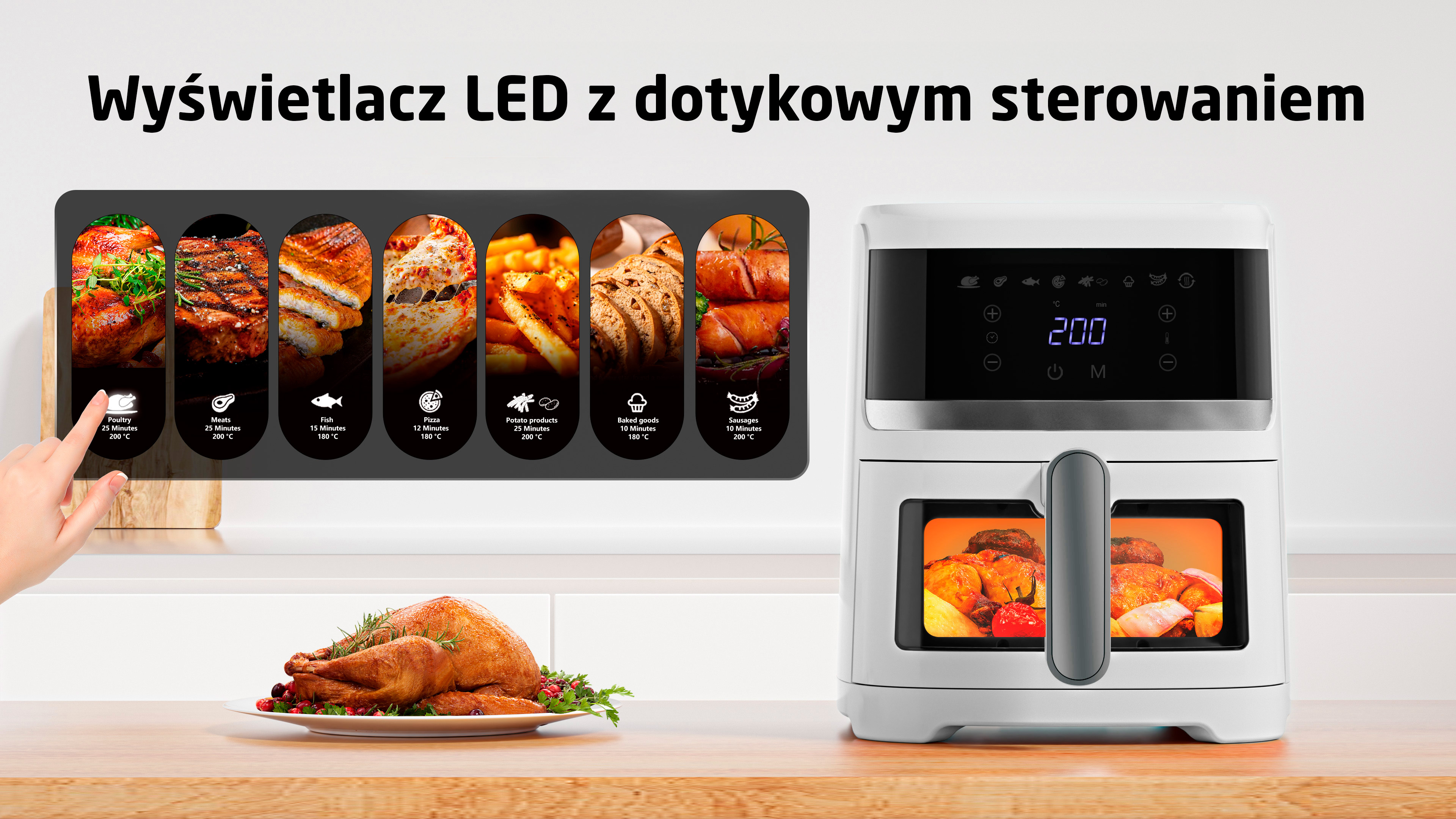 Frytkownica z ekranem dotykowym wyświetla opcje gotowania, obok indyka.