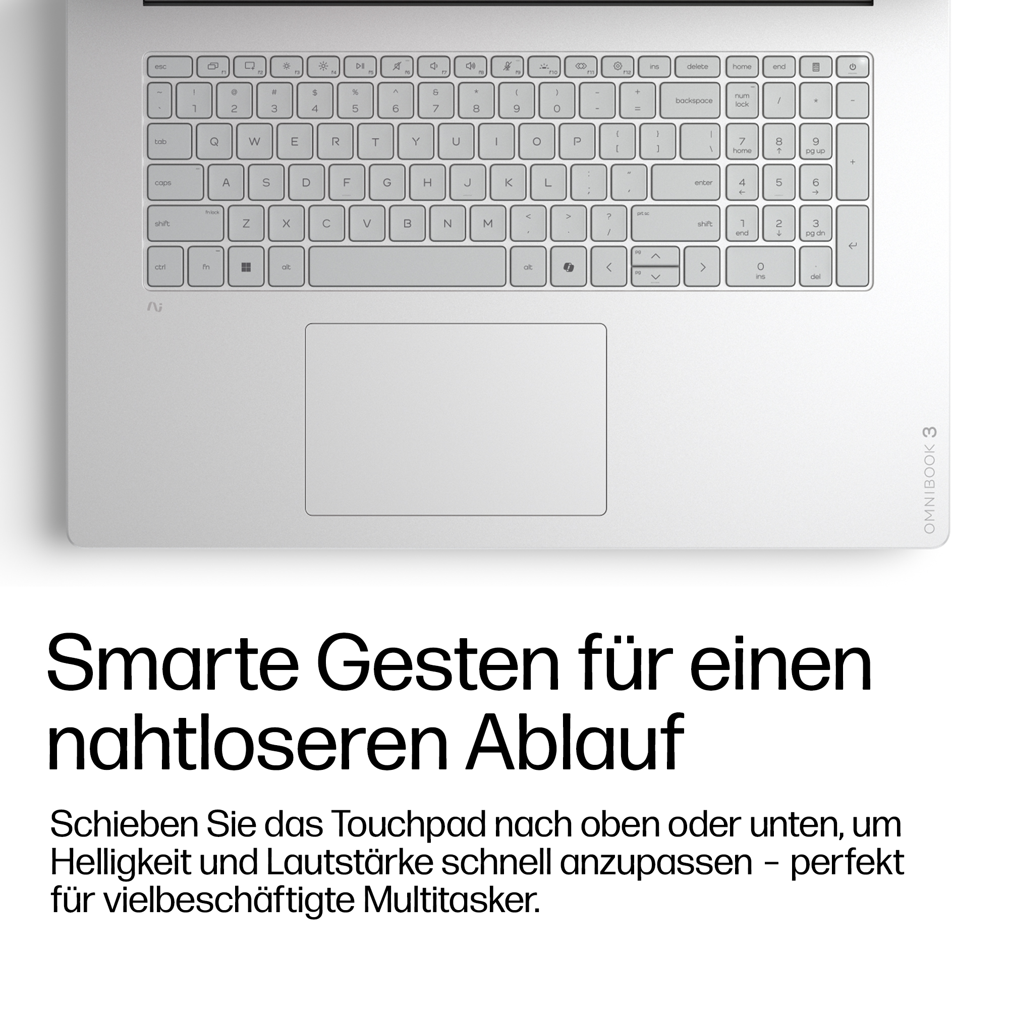 Silbernes Laptop-Tastatur-Detail mit Touchpad und Text.
