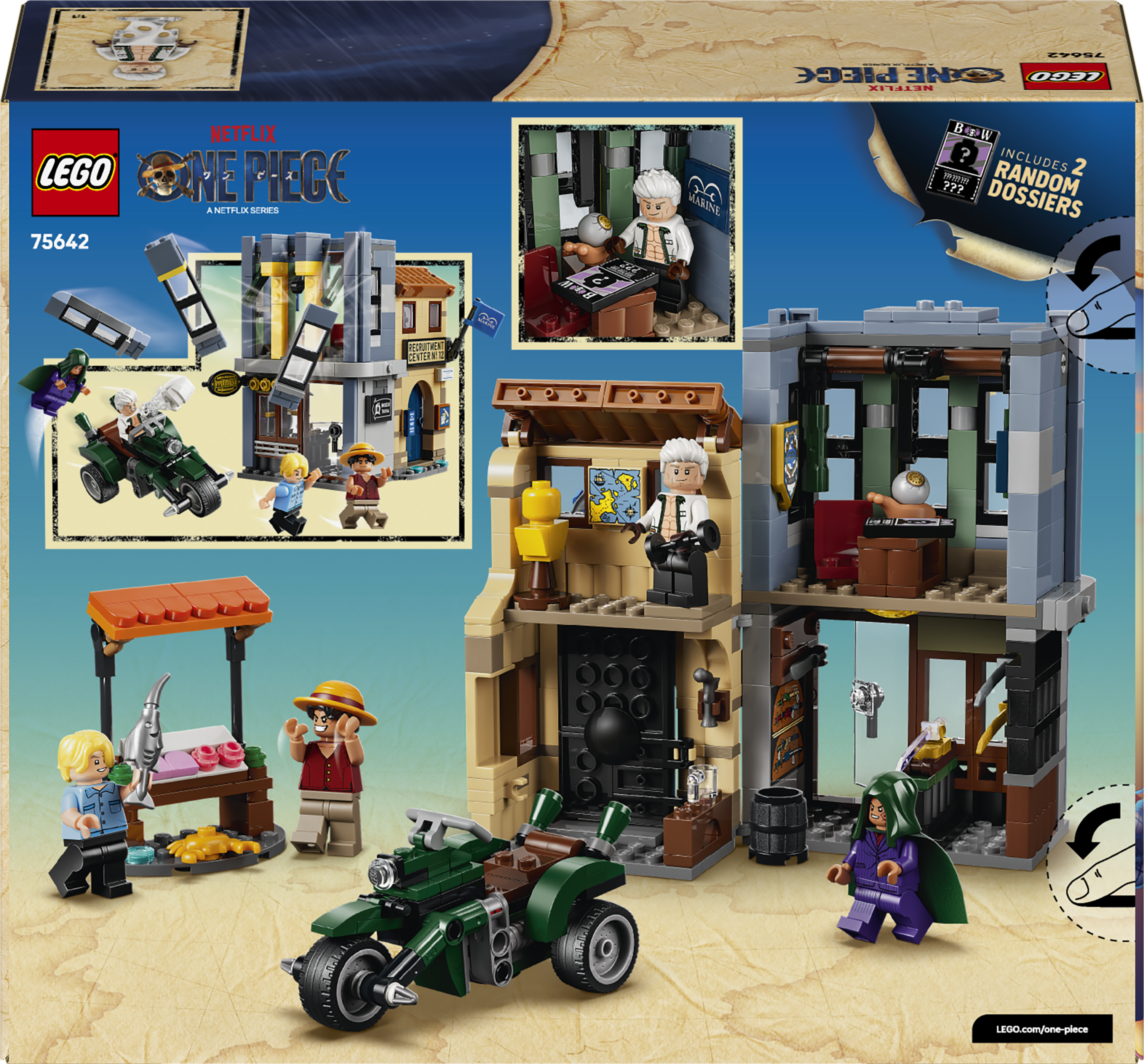 Lego-Set: Figuren auf Motorrädern vor Gebäuden und Marktstand.
