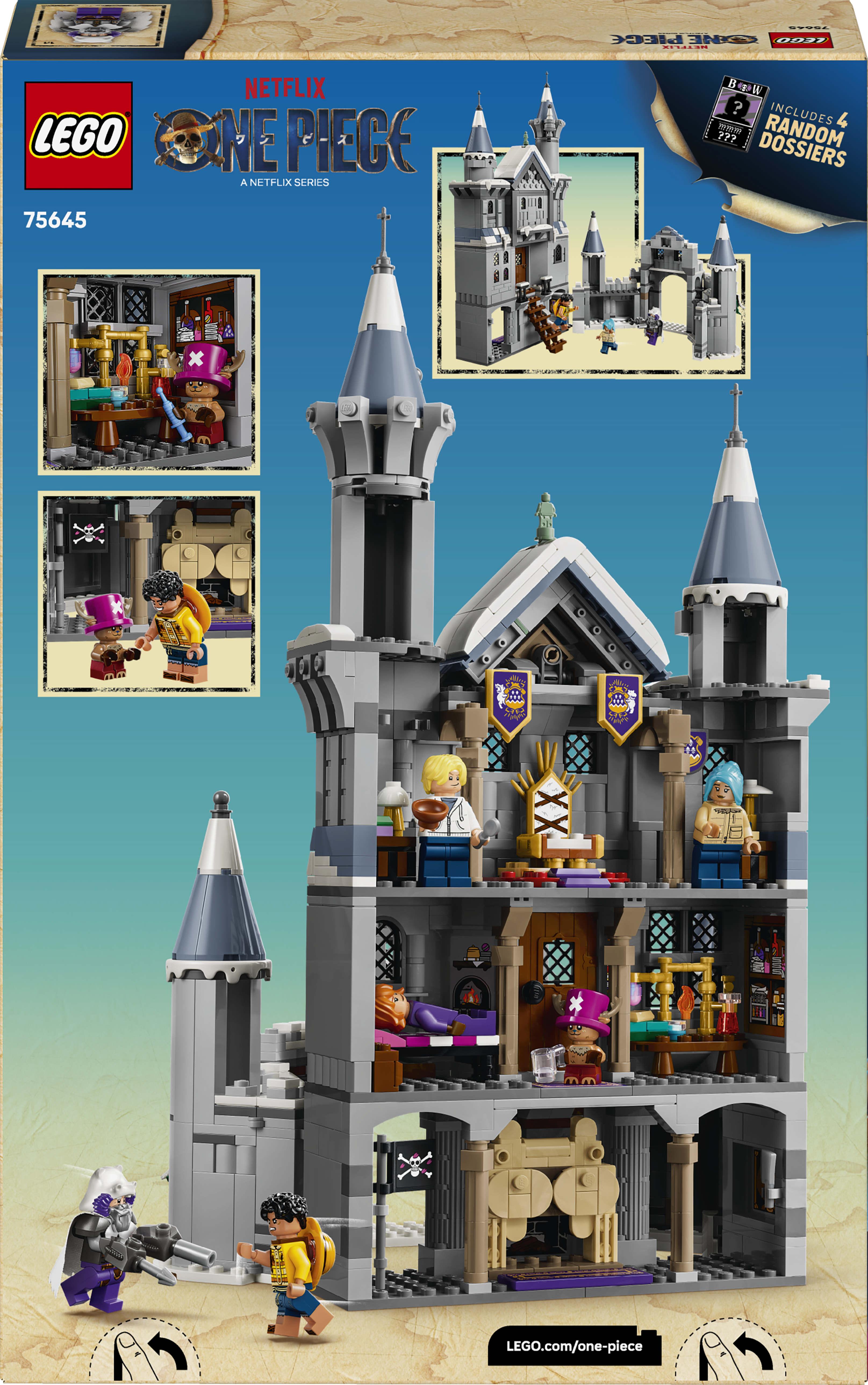 LEGO One Piece Burg mit Figuren und Zubehör. Enthält 4 zufällige Dossiers.