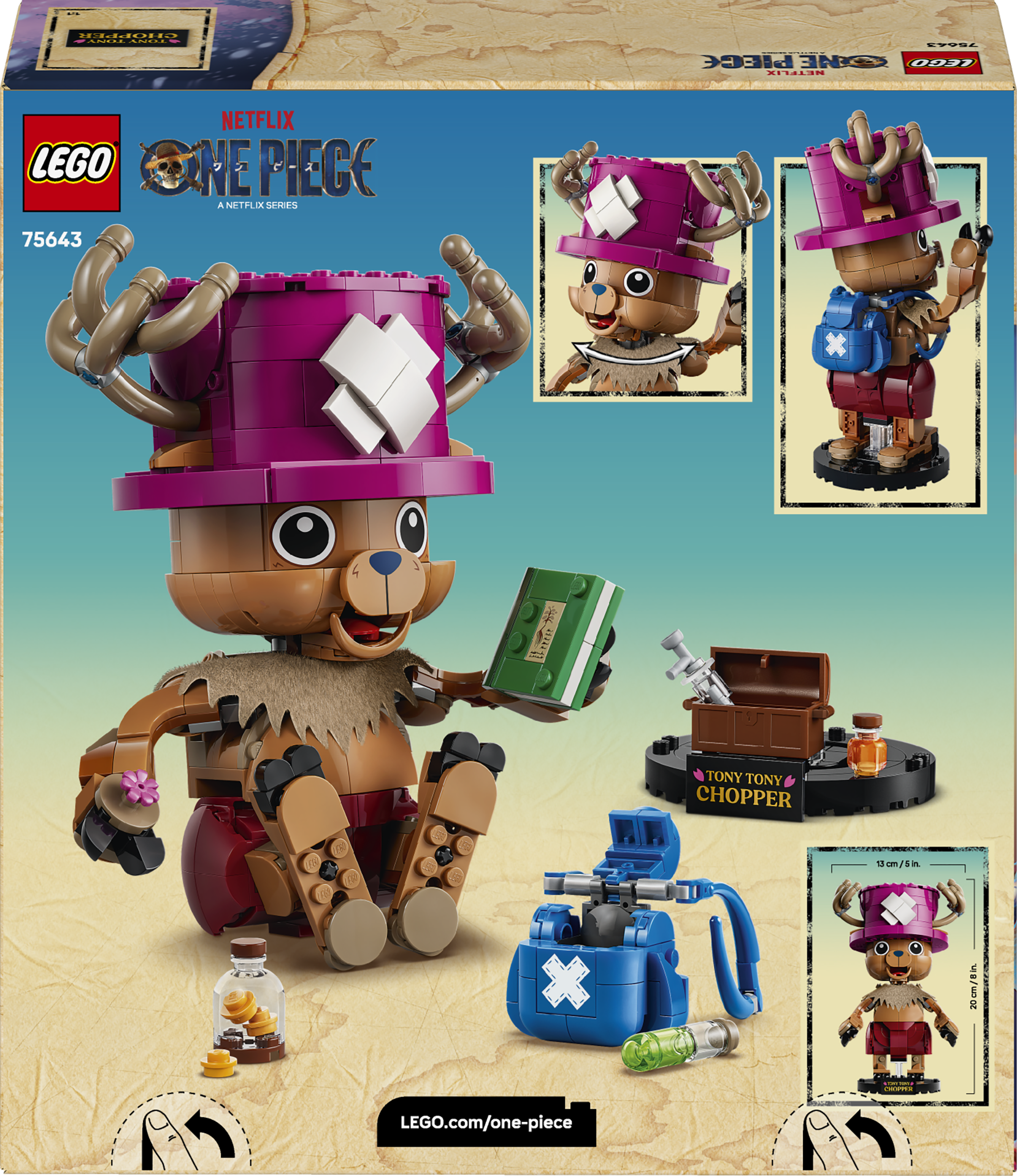LEGO Nachbau von Tony Tony Chopper aus One Piece mit pinkem Hut, blauem Rucksack und Buch.