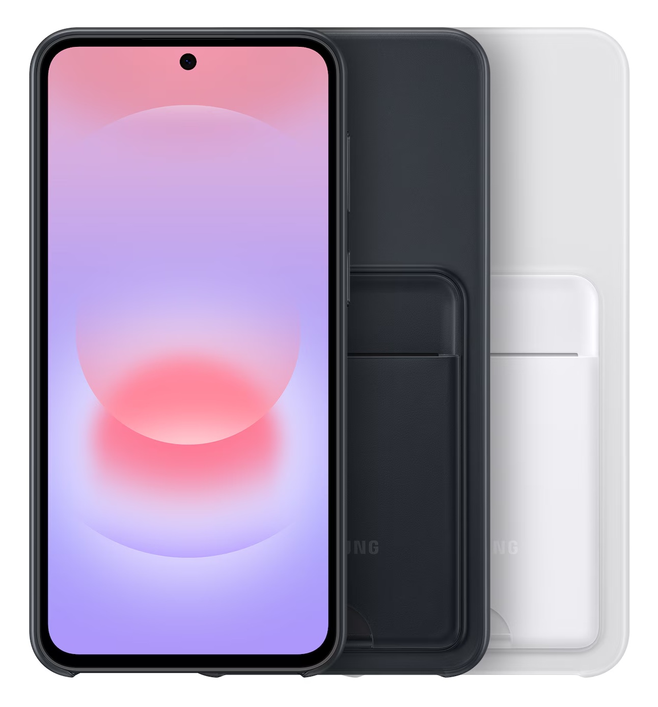 Ciemne etui na telefon z kolorowym ekranem i białe etui za nim.