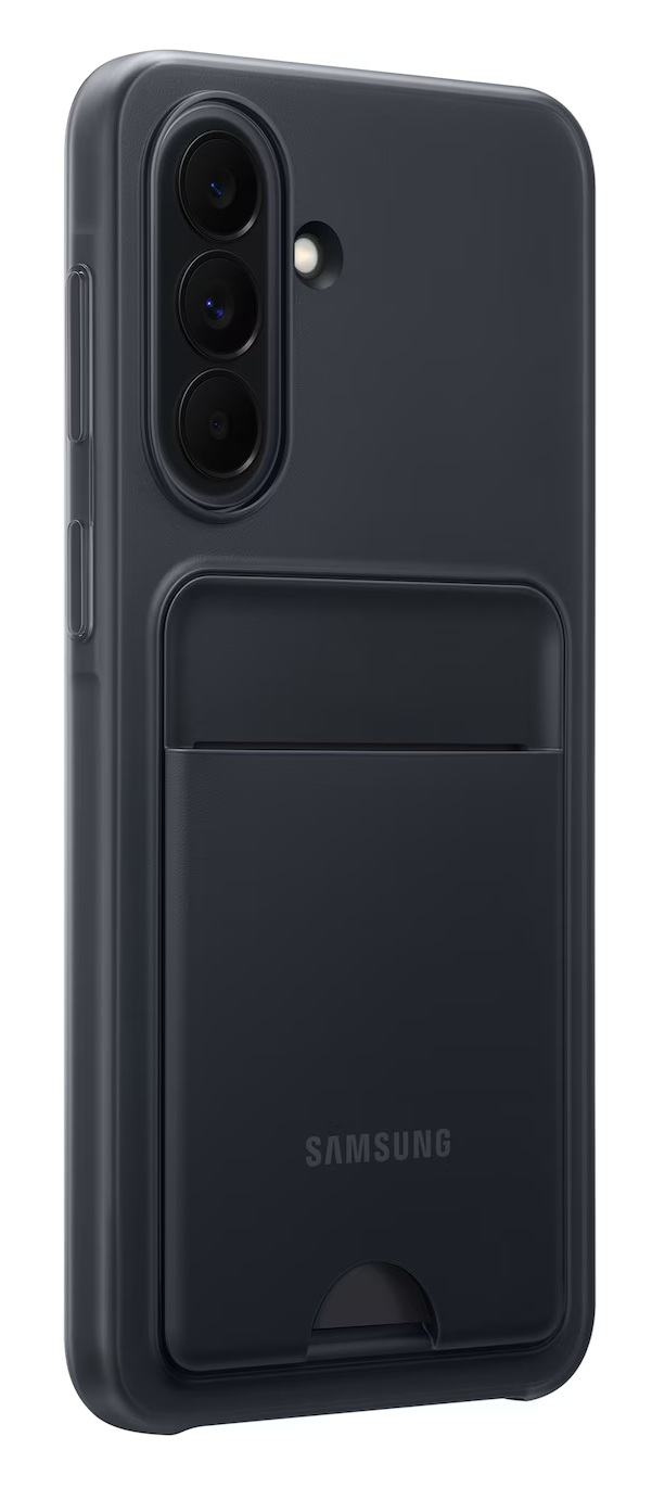 Ciemnoszare etui na telefon z miejscem na karty i potrójnym obiektywem.