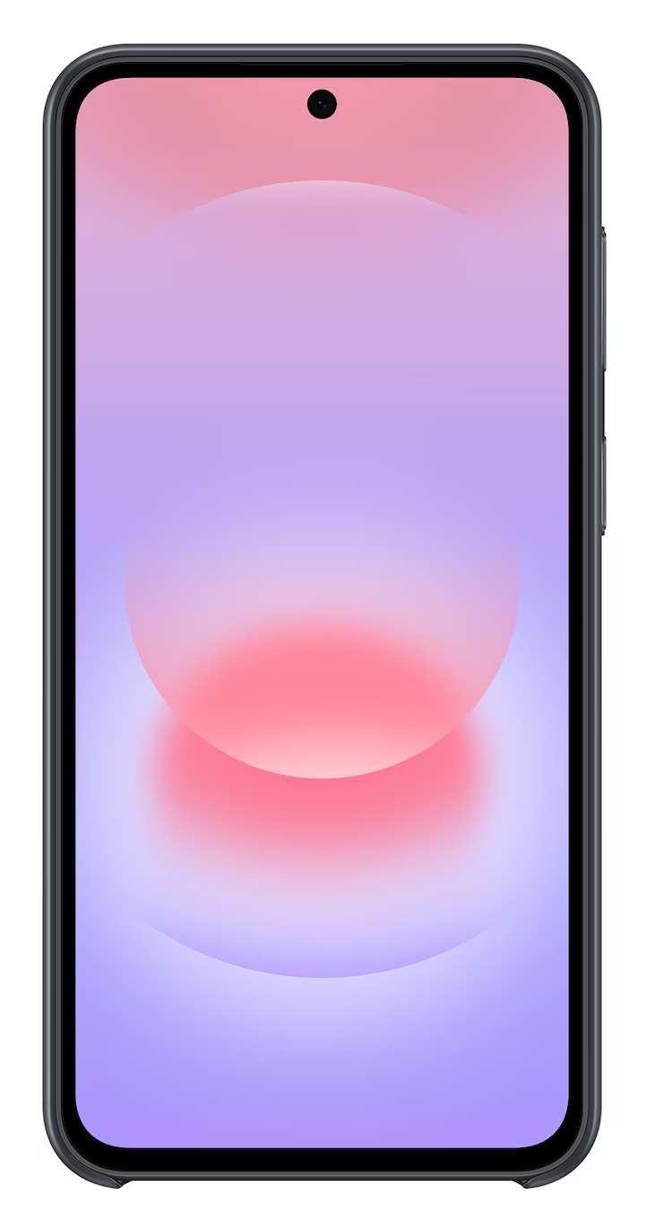 Ciemnoszary smartfon z tapetą gradientową: fioletowy do różowego.