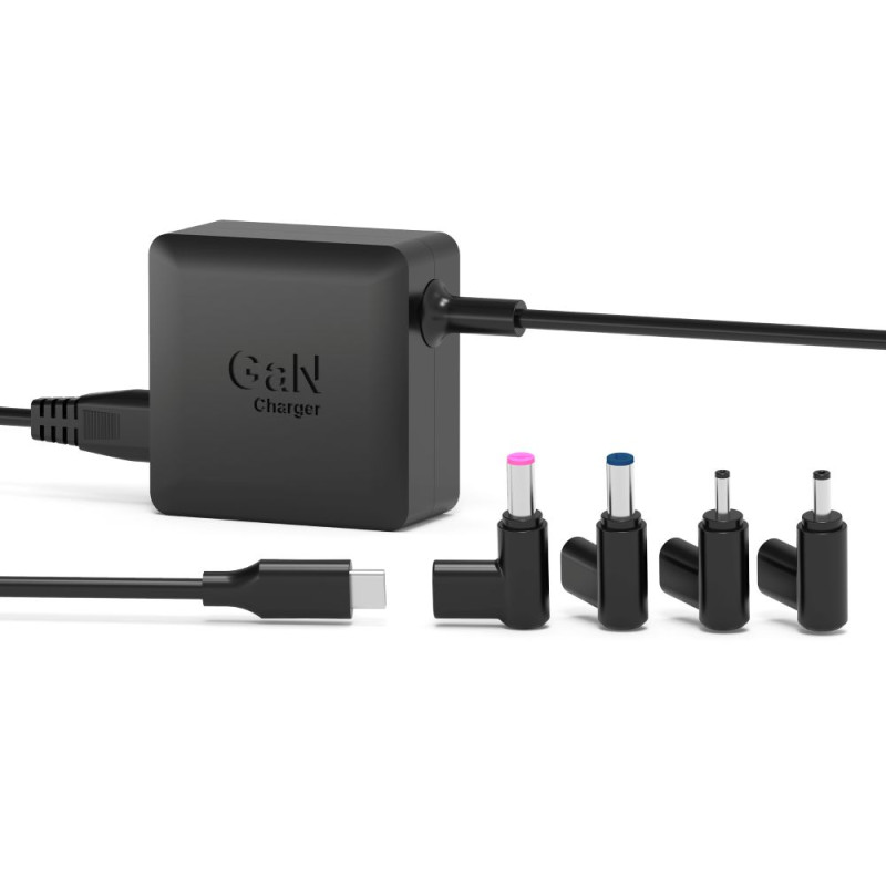 Caricatore GaN nero con cavo USB-C e quattro adattatori con punte colorate.