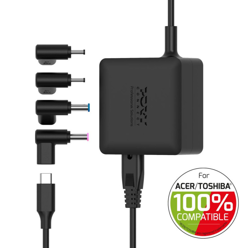 Un adattatore per laptop nero con punte multiple e un cavo USB-C.