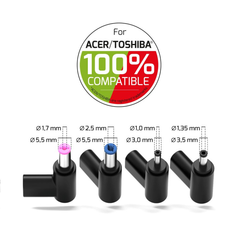 Quattro connettori per laptop con specifiche di dimensioni. Compatibile Acer/Toshiba.