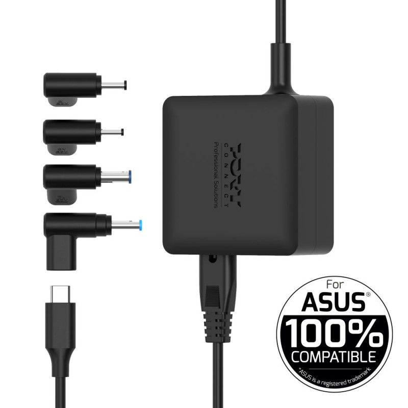 Adattatore di corrente nero con punte intercambiabili e cavo USB-C. Compatibile al 100% ASUS.