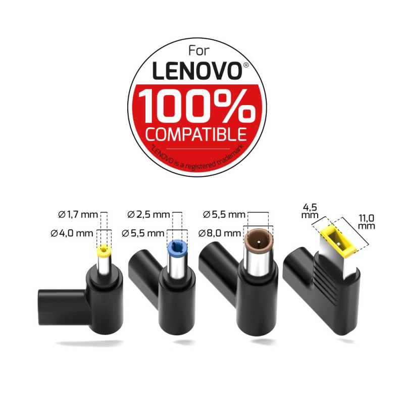Quattro connettori per laptop compatibili Lenovo con dettagli sulle dimensioni.