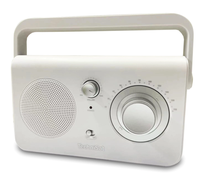 Białe radio TechniSat z uchwytem, głośnikiem i pokrętłami.
