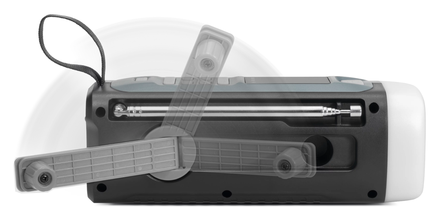Czarno-szare radio na korbkę z rozkładaną korbką i anteną.