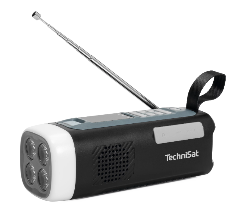 Czarno-szare radio TechniSat z wysuwaną anteną, latarką i paskiem.