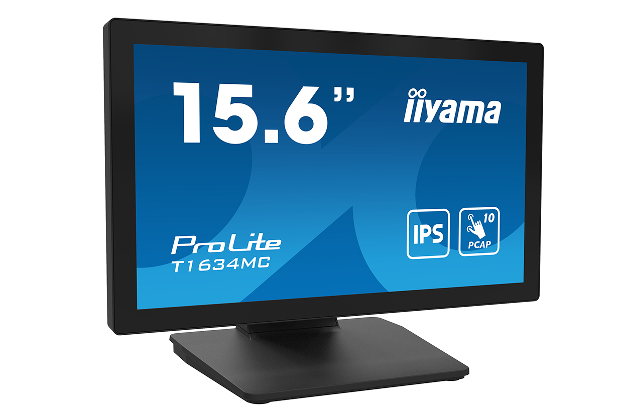 15,6-Zoll-iiyama ProLite T1634MC Touchscreen-Monitor auf schwarzem Ständer.