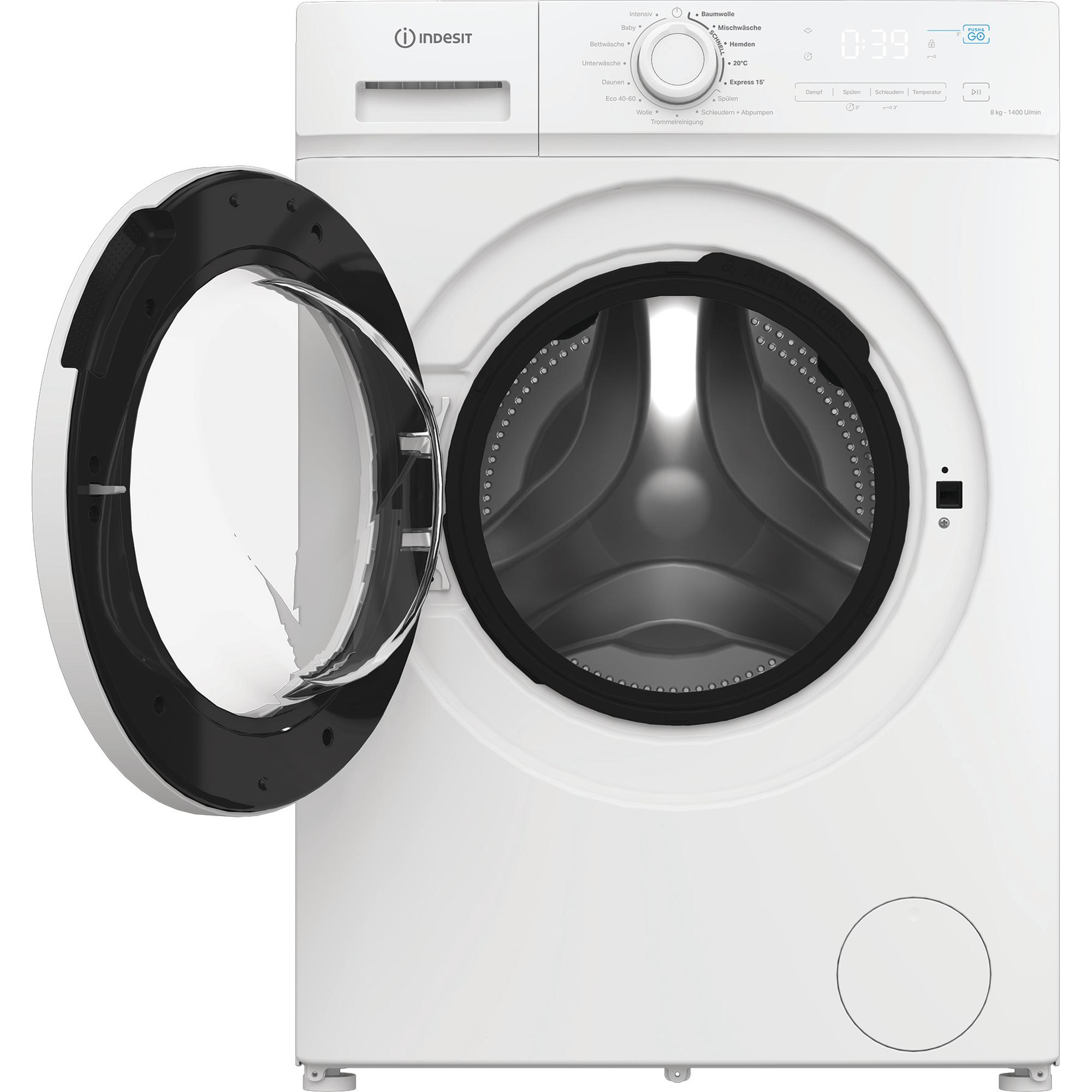 Eine weiße Indesit Waschmaschine mit offener Tür und Trommel.