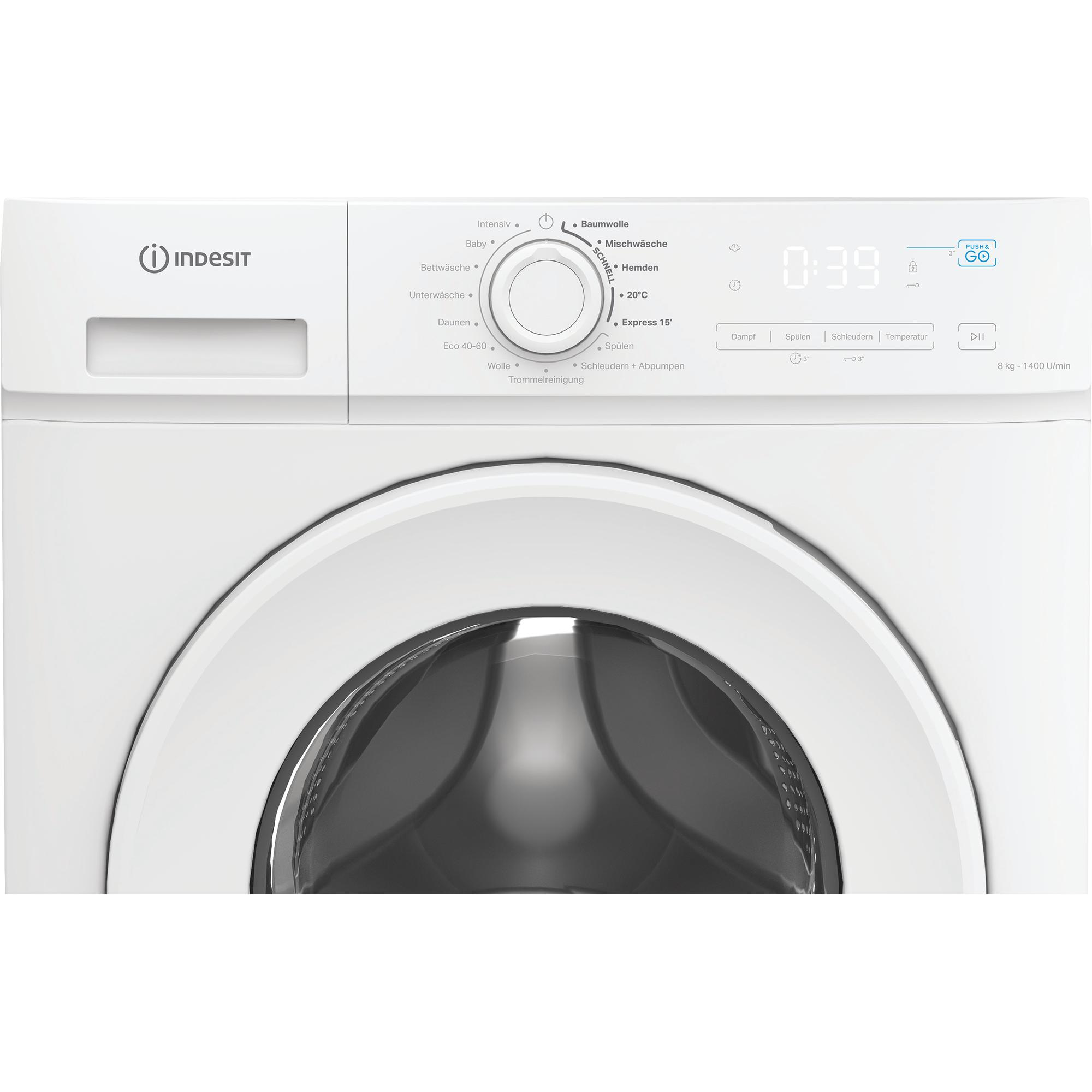 Eine weiße Indesit Waschmaschine mit Bedienfeld und Trommel.