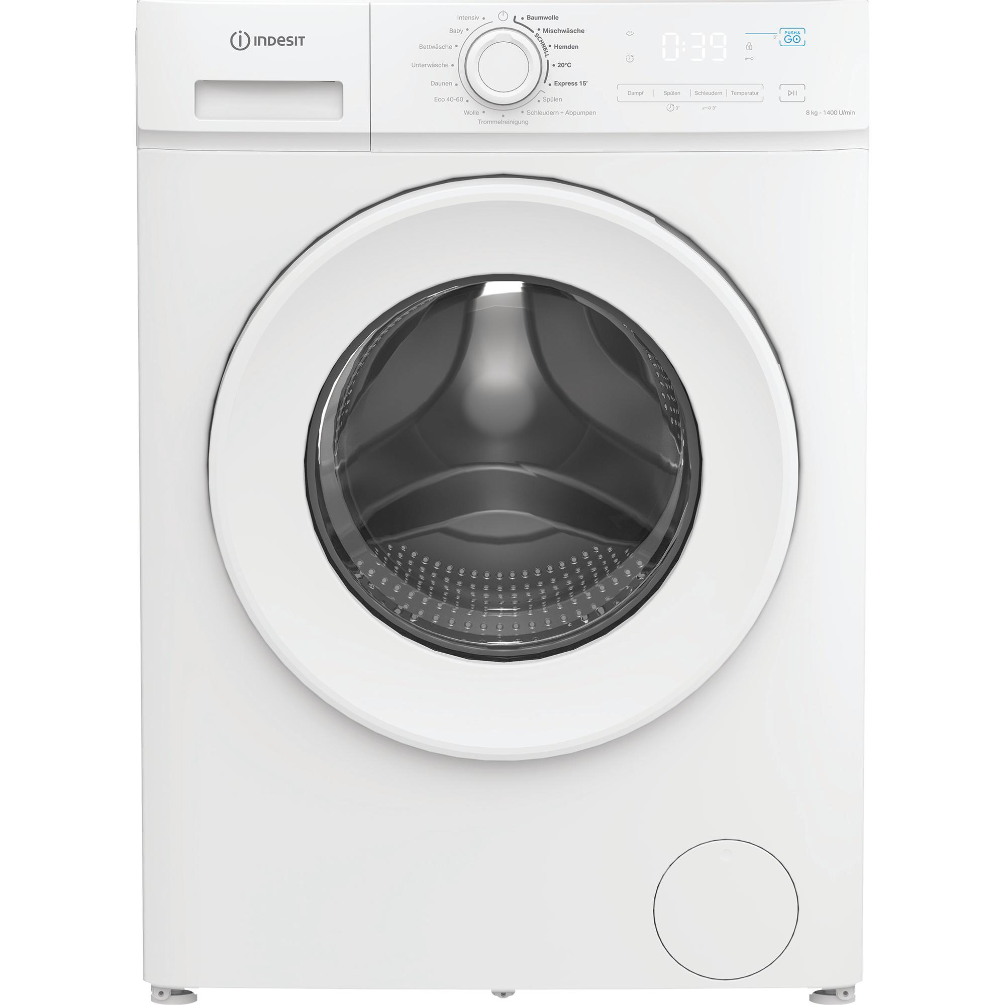 Eine weiße Indesit Waschmaschine mit einem sichtbaren Bullauge und Bedienfeld.