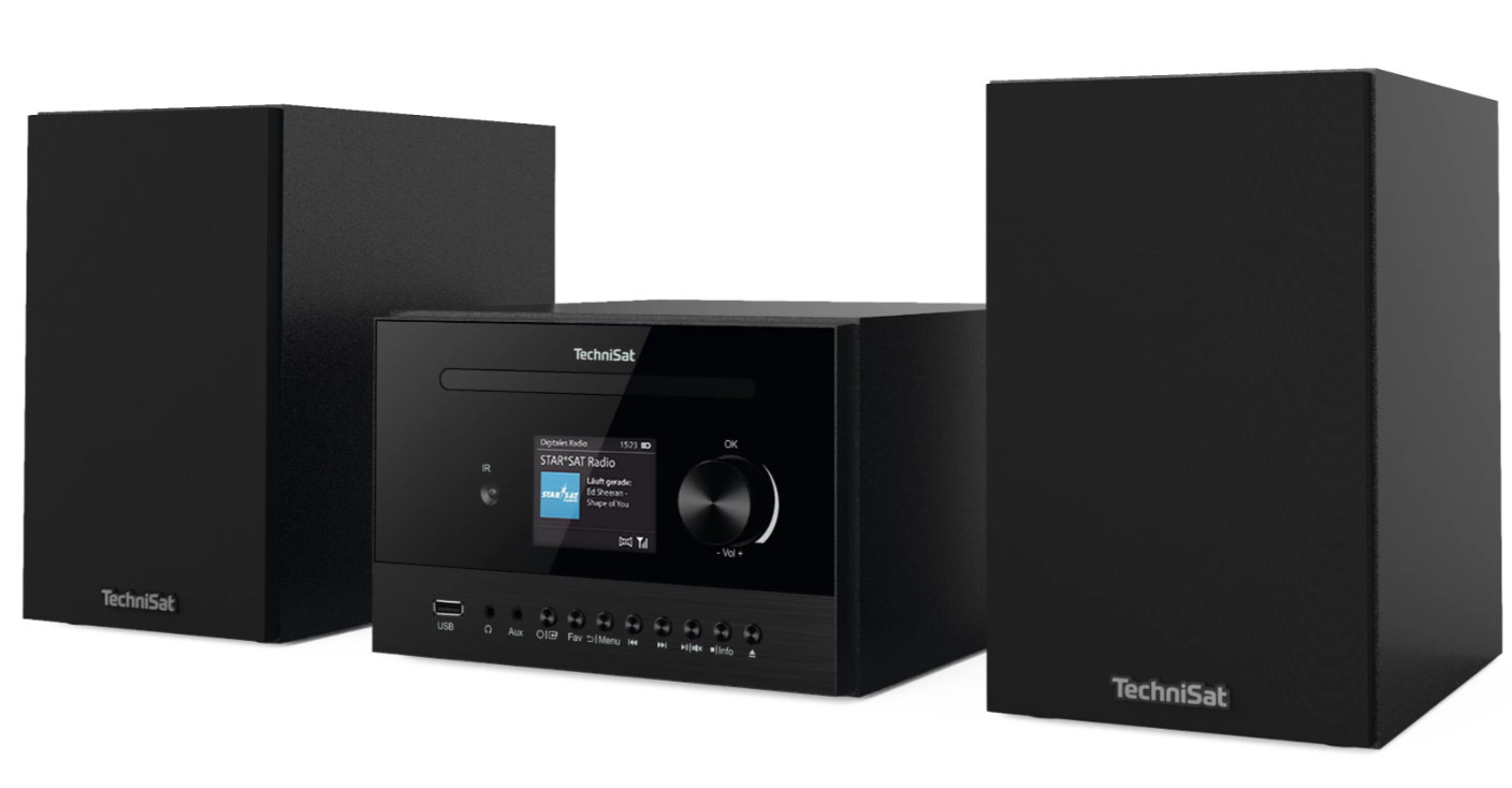 Czarny system stereo TechniSat z dwoma głośnikami i centralną jednostką sterującą.
