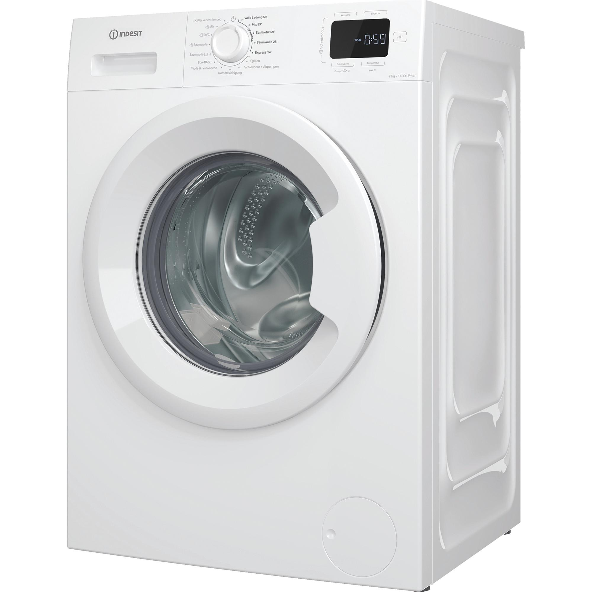 Weiße Indesit Waschmaschine mit digitaler Anzeige und Programmauswahl.
