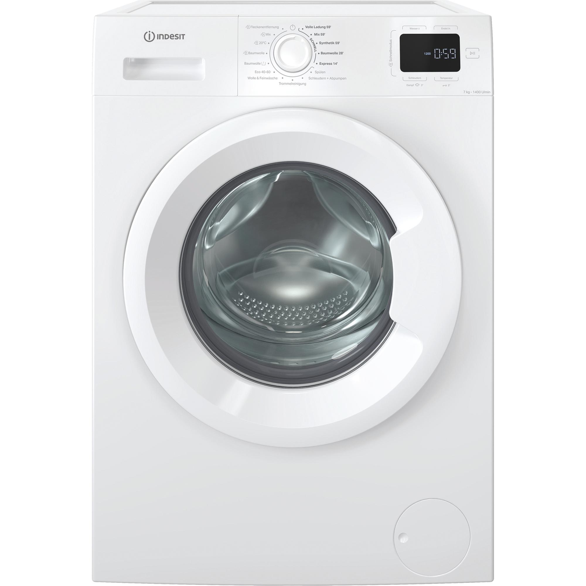 Eine weiße Indesit Waschmaschine mit geschlossener Tür und Bedienfeld.