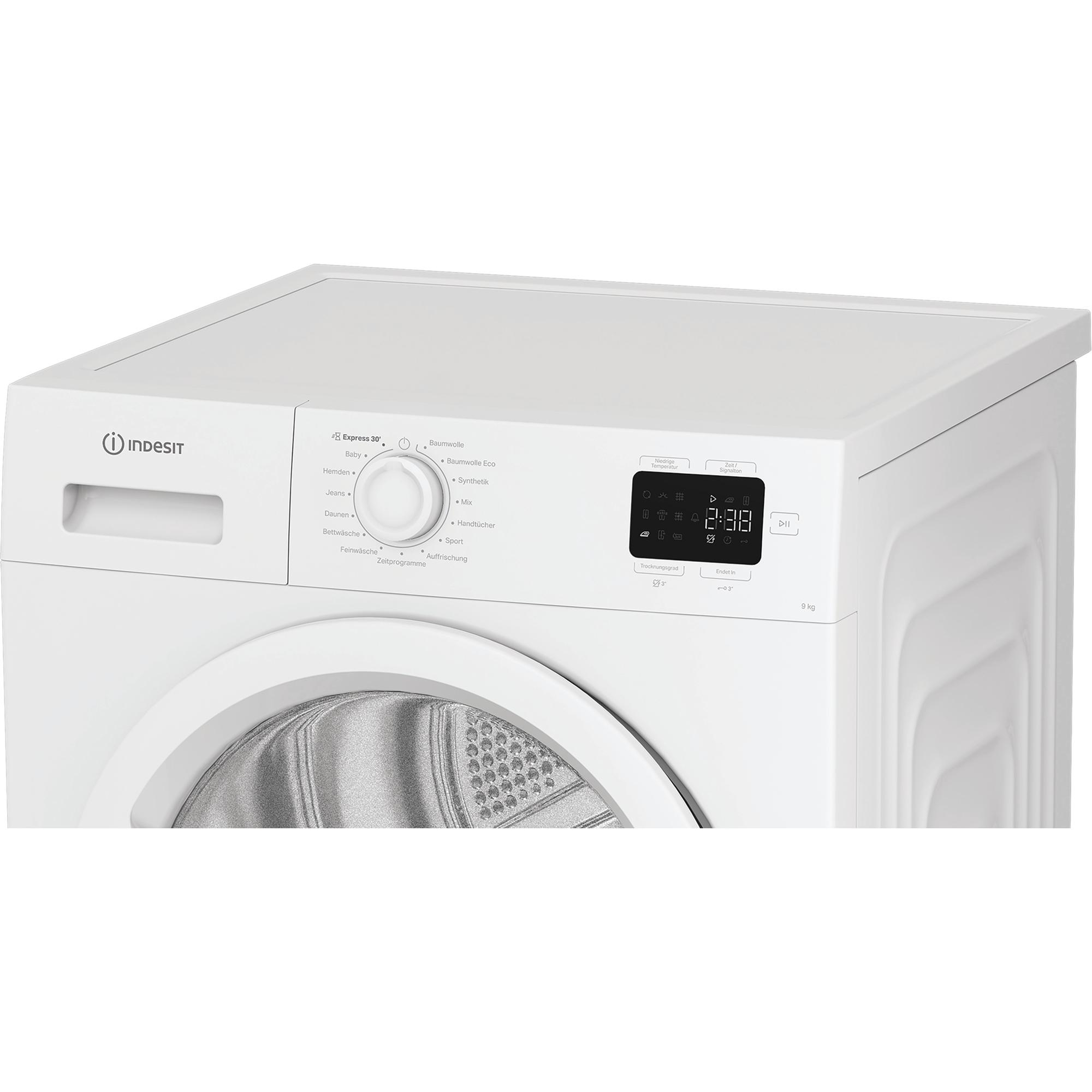 Weiße Indesit Waschmaschine mit Bedienfeld und digitaler Anzeige.