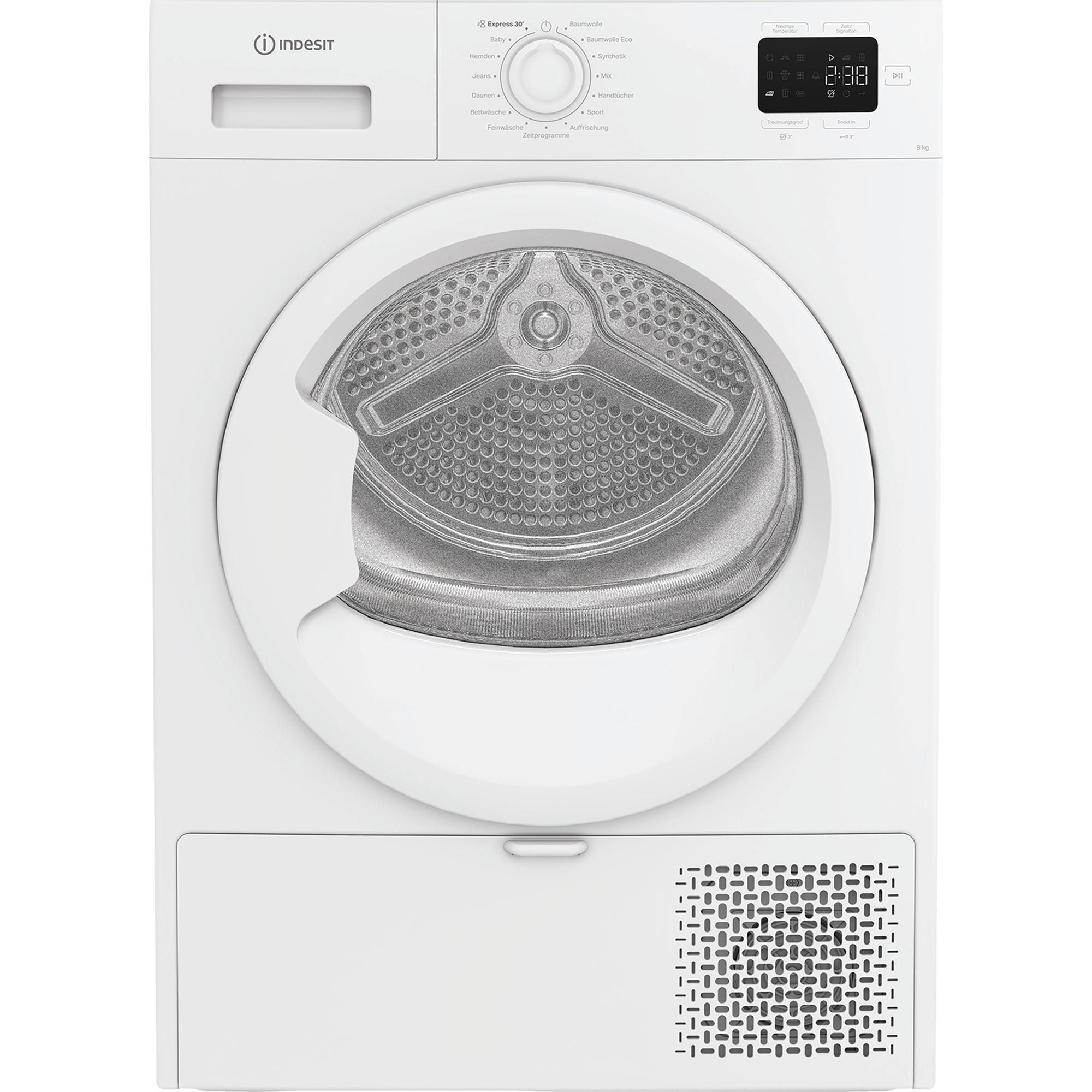 Weiße Indesit-Waschmaschine mit digitalem Display und Programmauswahl.