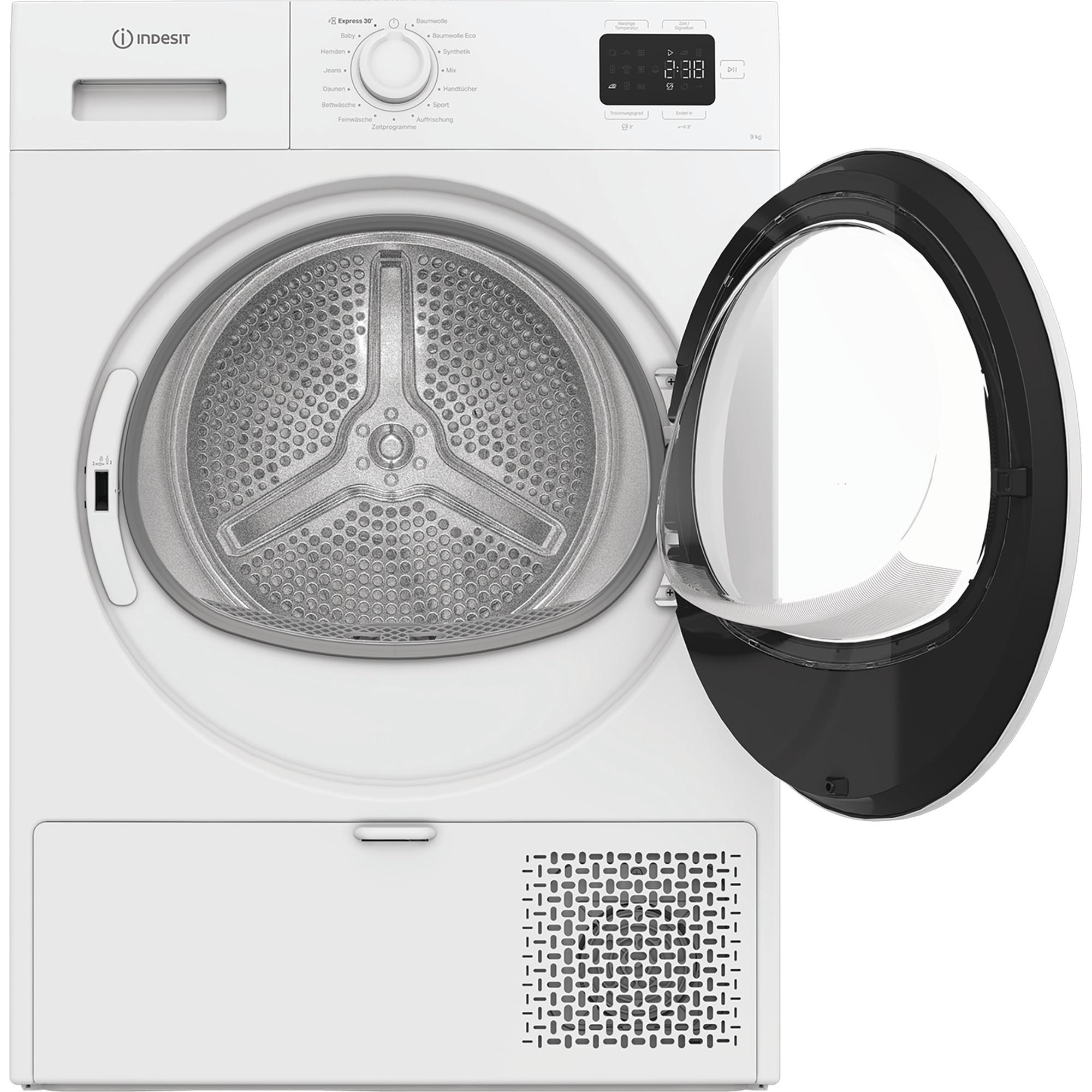Ein weißer Indesit Wäschetrockner mit geöffneter Tür und einem digitalen Display.
