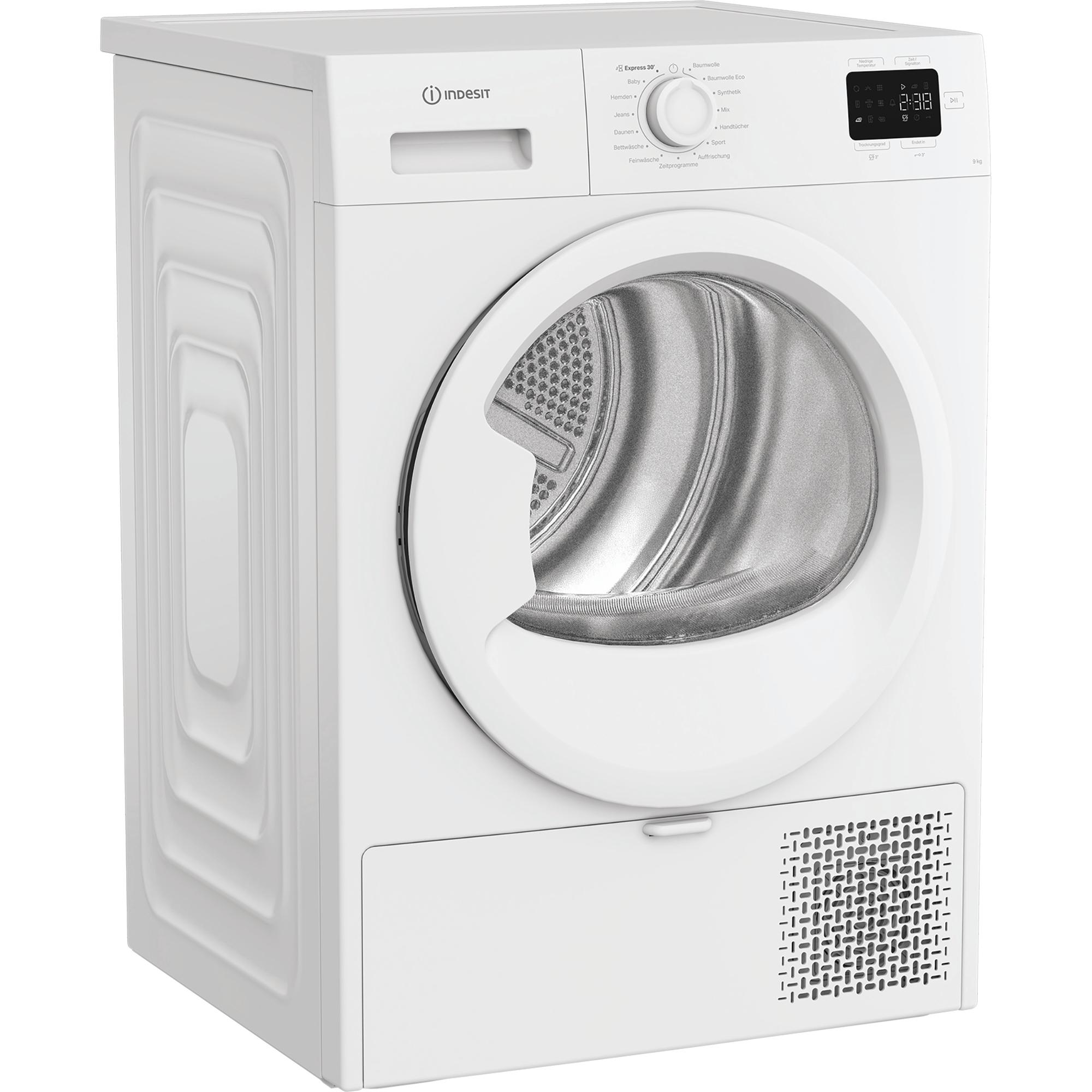Weiße Indesit Wäschetrockner mit digitalem Display und Programmwahlrad.