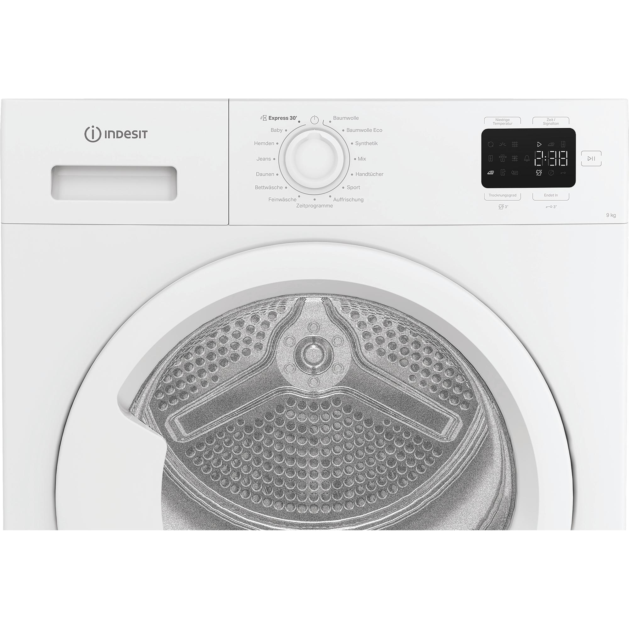 Weißer Indesit Trockner mit Digitalanzeige (2:38). Verschiedene Waschprogramme aufgelistet.