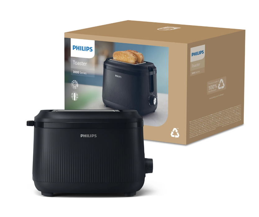 Czarny toster Philips Serii 3000 obok opakowania z tostami w środku.