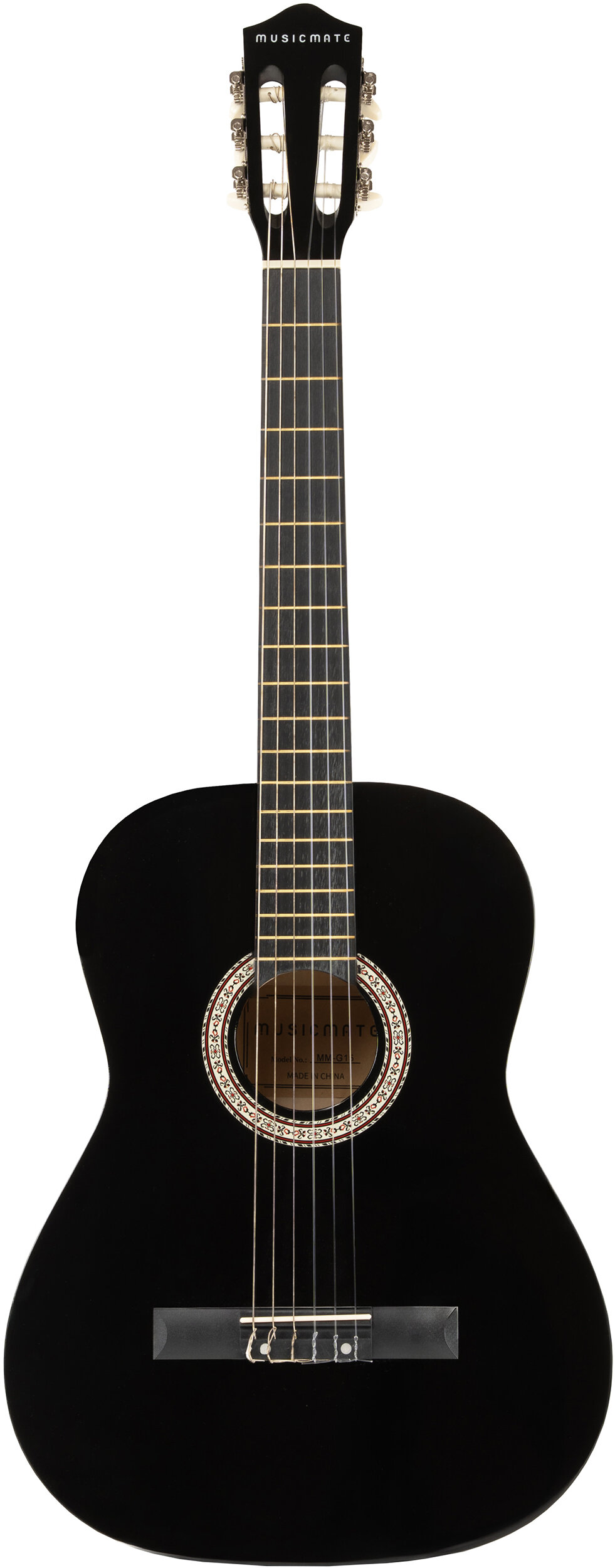 Czarna gitara akustyczna ze strunami i ozdobnym otworem rezonansowym.