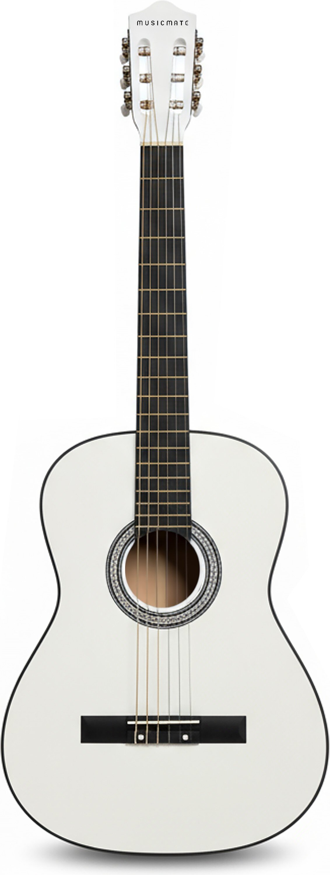 Biała gitara z czarnymi strunami i srebrnymi kluczami.