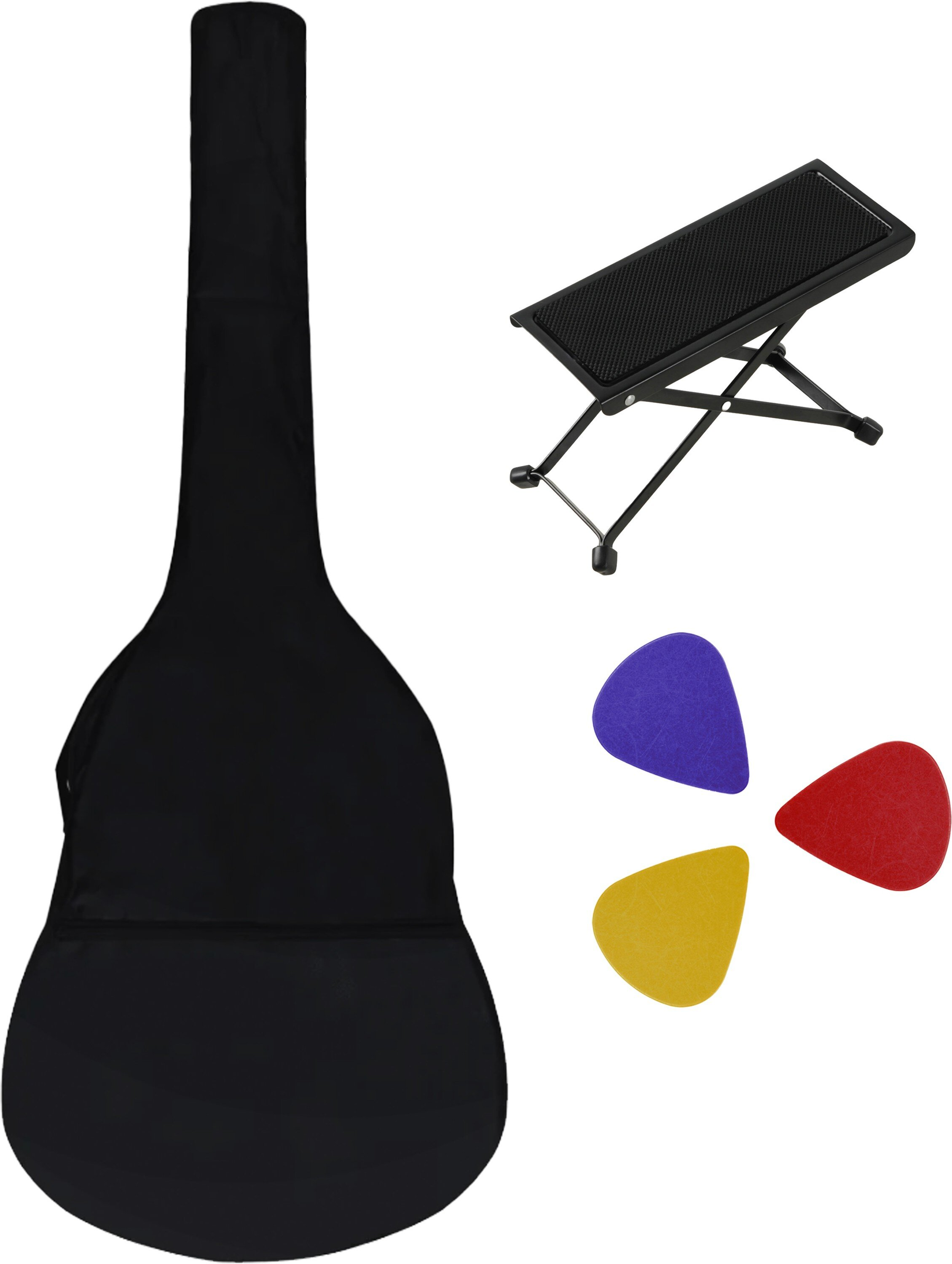 Czarna torba na gitarę, regulowany podnóżek i trzy kostki gitarowe (czerwona, niebieska, żółta).