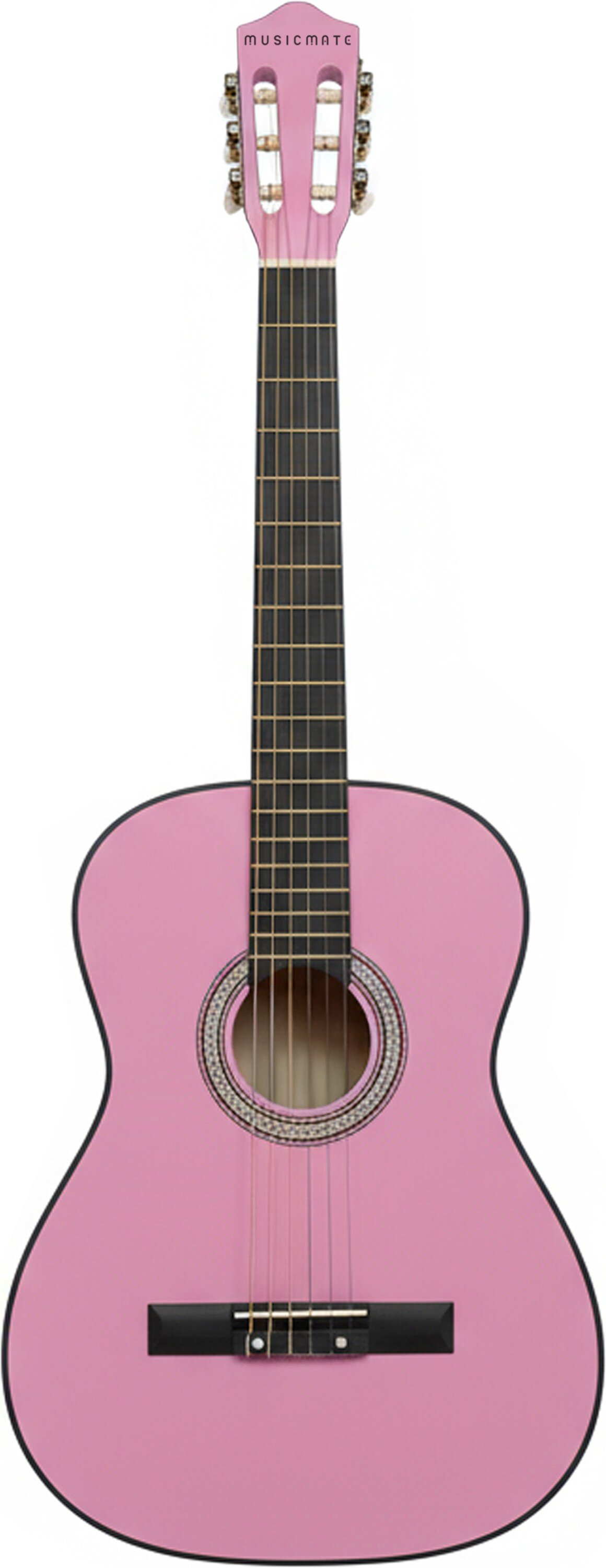Różowa gitara akustyczna z czarnymi strunami i srebrnymi kluczami.