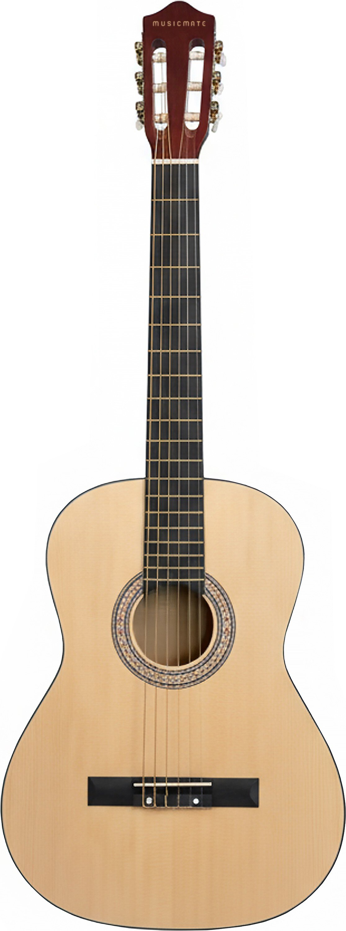 Gitara klasyczna z jasnym drewnianym korpusem, ciemną podstrunnicą i srebrnymi strunami.