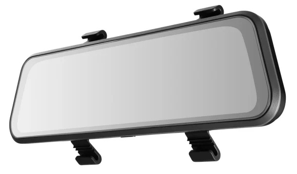 Czarny lusterko wsteczne z klipsami montażowymi, na białym tle.