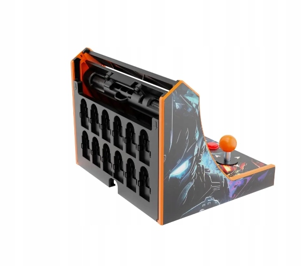 Czarny kontroler zręcznościowy z joystickiem i miejscem na 12 gier na białym tle.