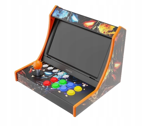 Retro automat z joystickiem, kolorowymi przyciskami i grafiką komiksową.