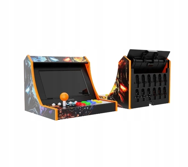 Automat do gry z joystickiem, przyciskami i uchwytem na karty.