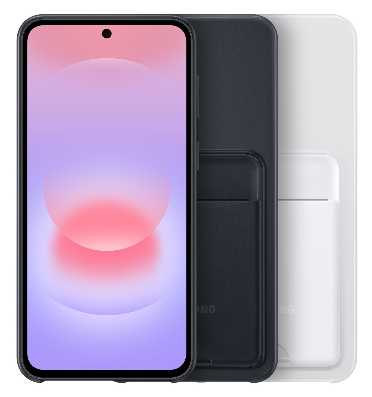 Czarny smartfon z kolorowym ekranem, obok czarne i białe etui.