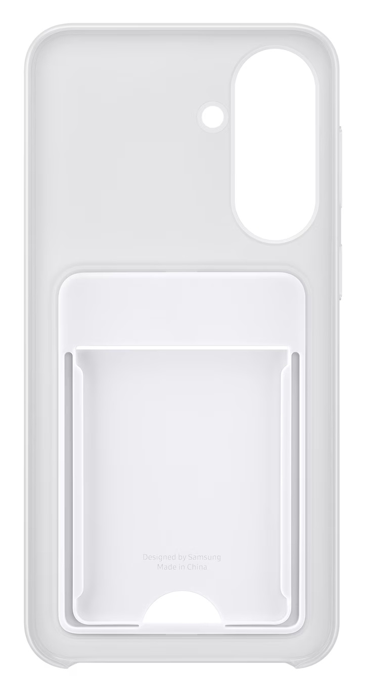 Białe etui na telefon z miejscem na karty i wycięciem na aparat.
