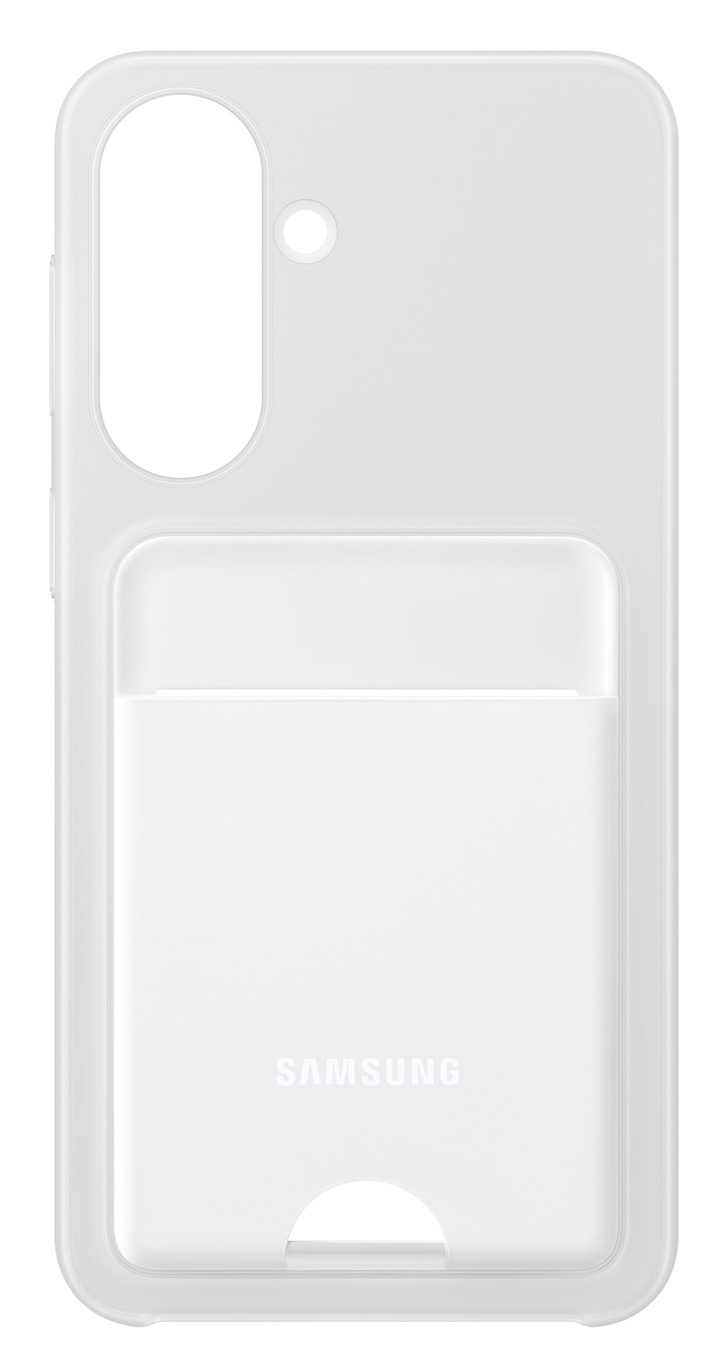 Przezroczyste białe etui na telefon z miejscem na kartę i logo Samsung.