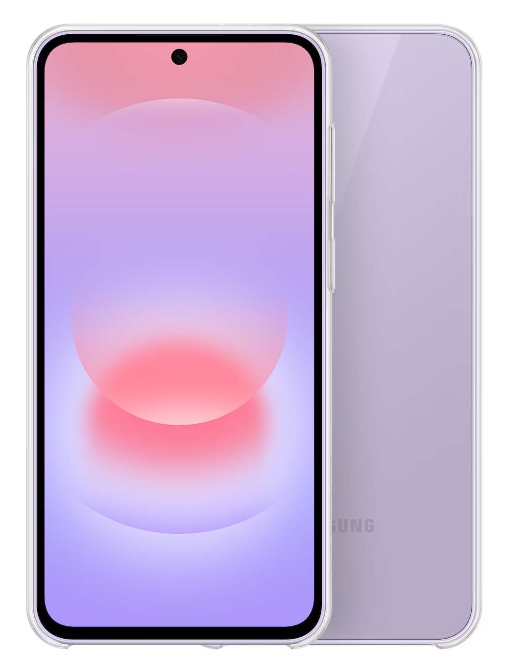 Fioletowy smartfon w przezroczystej obudowie z ekranem w kolorze gradientu.