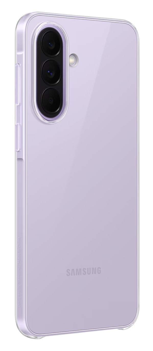 Fioletowy telefon Samsung z trzema aparatami i lampą błyskową, w przezroczystym etui.