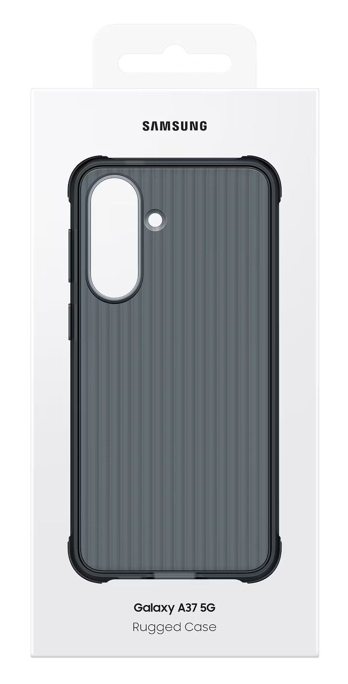 Wzmacniane etui Samsung Galaxy A37 5G w kolorze ciemnoszarym, z pionowym prążkowaniem i wycięciem na aparat.