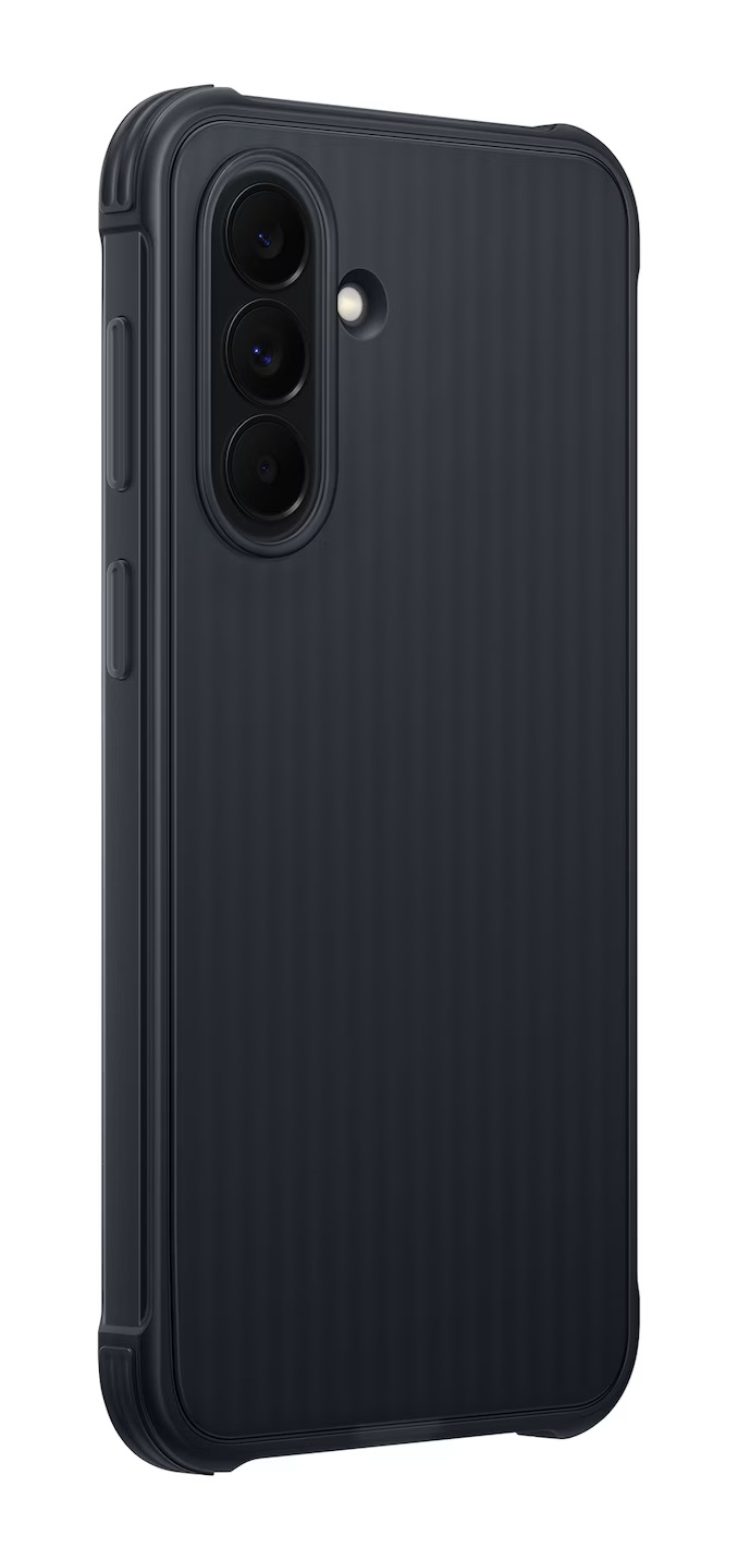 Ciemnoszary smartfon z trzema aparatami i lampą błyskową, na białym tle.