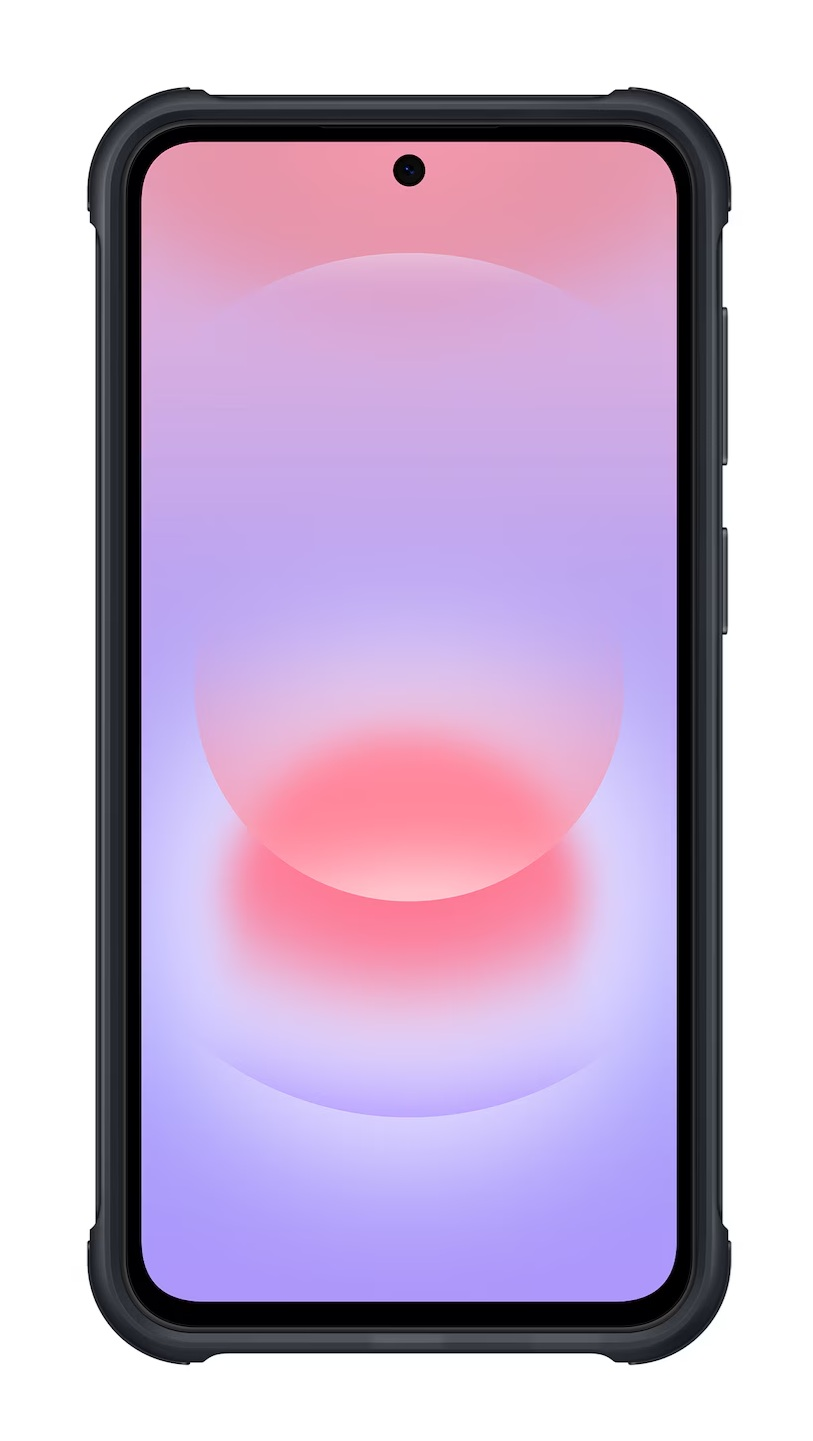 Czarny smartfon z gradientowym tłem i okrągłym kształtem.