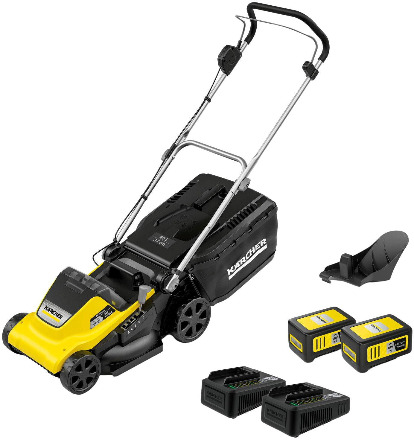 Żółto-czarna kosiarka Karcher z dwoma akumulatorami, koszem na trawę i wkładką mulczującą.