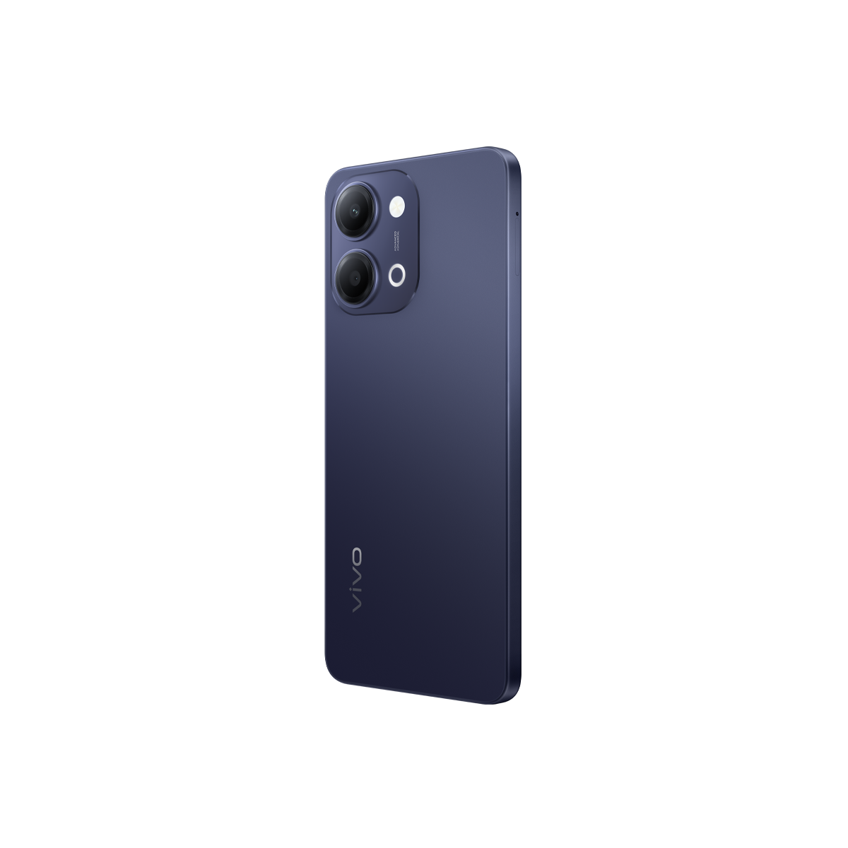 Beyaz arka plan üzerinde çift kameralı ve VIVO logolu koyu mavi akıllı telefon.